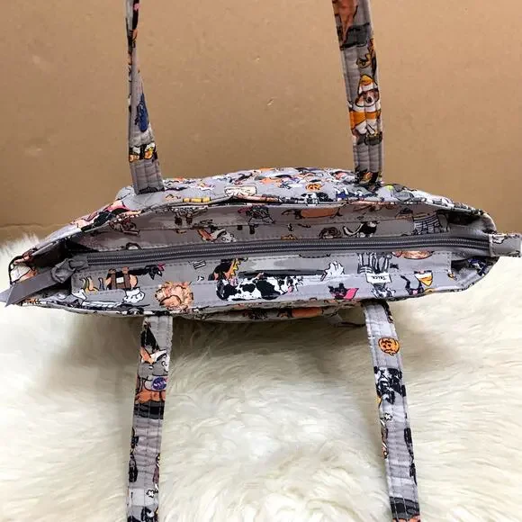 VERA BRADLEY Rare Gray Multi HOWL-O-WEEN Halloween Dogs Zip Top Cotton VERA Tote - Picture 6 of 16